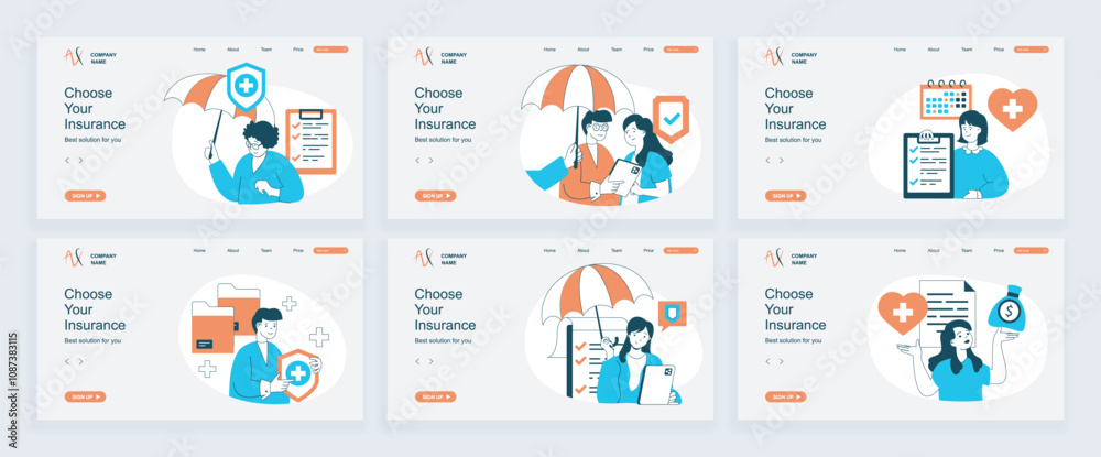 Aufkleber insurance concept of landing page with slide templates set in flat design. website headers with peop