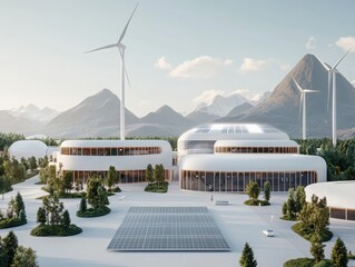 Ecofuturistic theme park showcase mountain landscape architectural render sunny environment wide-angle view renewable energy concept