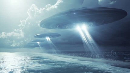 Alien Invasion: Dramatic Attack on Coastal City with Rising Spaceships and Cinematic Light
