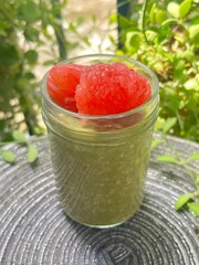 Matcha green tea over night oats meals with Siam Ruby Pomelo