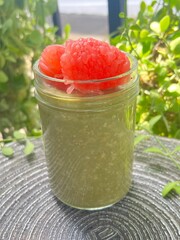 Matcha green tea over night oats meals with Siam Ruby Pomelo