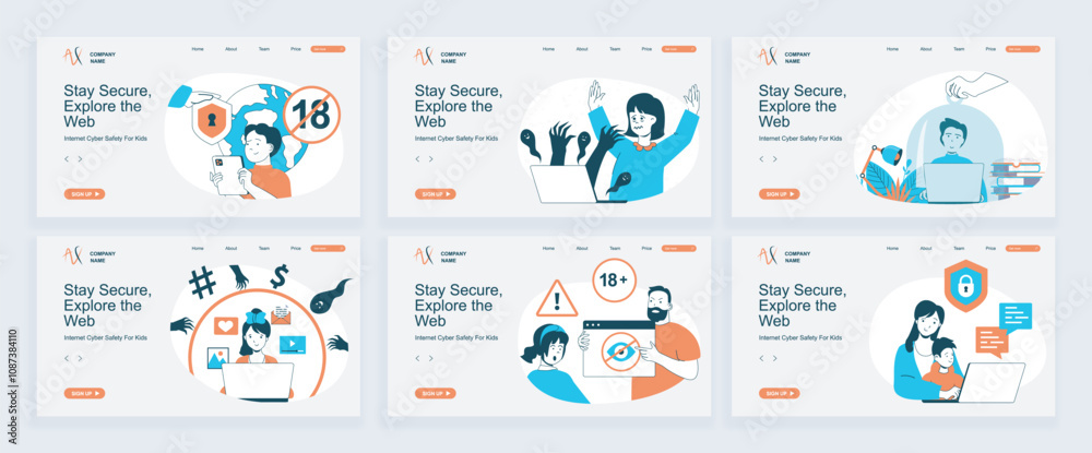 Leinwandbilder internet cyber safety for kids concept of landing page with slide templates set in flat design. webs