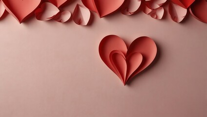 Red hearts background, paper cut romantic concept, top view. Beautiful cute hearts on pastel pink table flat lay composition. Valentines Day greeting card concept. Mothers Day