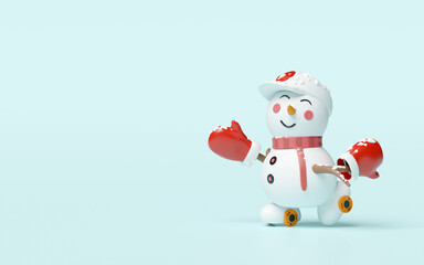 3d snowman in hat and warm mittens roller skating isolated on blue background. merry christmas, festive new year concept, 3d render illustration