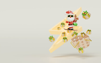 Santa Claus sunglasses skiing with thunderbolt, basket, gift box isolated on beige. flash sale banner, online shopping, merry christmas, festive new year holiday concept, 3d render illustration