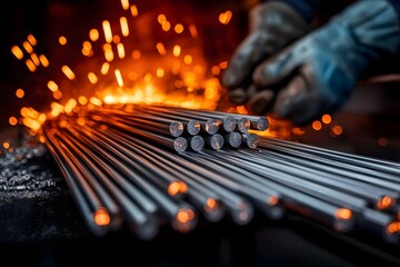 Panoramic View of Steel Rods Being Forged with Flames and Sparks in a Workshop Setting, Highlighting the Intense Metalworking Process and Craftsmanship of Forging