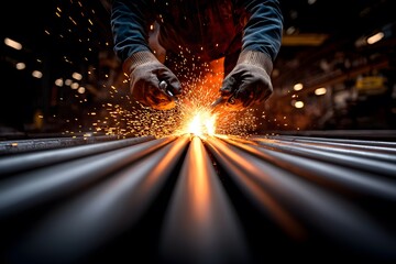 Panoramic View of Steel Rods Being Forged in a Workshop with Sparks Flying and Workers in Gloves Skillfully Managing the Hot Material