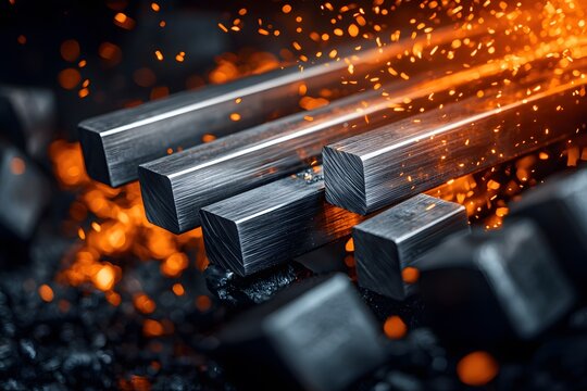 Panoramic View of Steel Rods Being Forged in a Fire-Infused Workshop with Sparks and Glowing Flames Creating a Dynamic Industrial Atmosphere