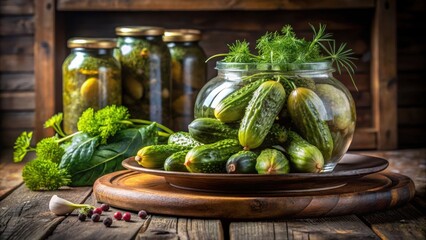 A jar filled with pickled cucumbers, surrounded by fresh dill and parsley, resting on a wooden surface with a garlic clove and peppercorns scattered around.