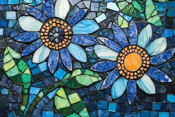 Vibrant Mosaic Artwork Featuring Blue Flowers and Green Leaves