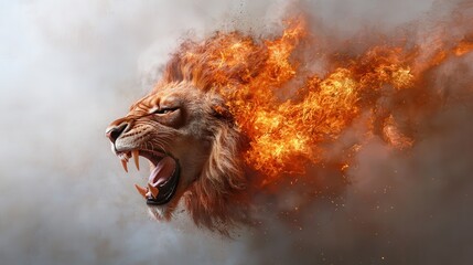 A fierce and striking lion's head is consumed by blazing flames, embodying raw power, intensity, and the primal essence of wild and fiery animal spirit.