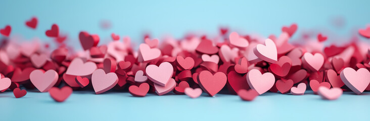 Fototapeta premium Colorful hearts scattered on blue background create vibrant celebration of love, perfect for Valentine Day or romantic occasions