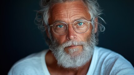 A gray-haired man with a full beard and wearing glasses looks intently, showcasing an intellectual and wise demeanor bathed in soft natural light.