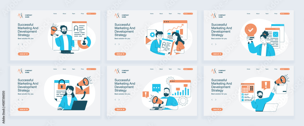 Poster Marketing and development concept of landing page with slide templates set in flat design. Website headers with people analyzing data, creating advertising promotion strategy. Vector illustrations.