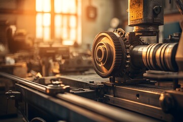 Fototapeta premium Large Industrial Lathe in Workshop Setting Illuminated by Warm Light, Showcasing Precision Engineering and Machining Processes Amidst Workshop Environment