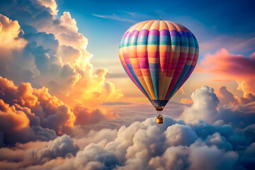 Obraz premium A vibrant hot air balloon floats gracefully among colorful clouds at sunset, creating a serene and picturesque sky scene.
