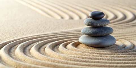 A carefully balanced stack of smooth stones rests serenely atop a meticulously raked bed of sand, forming a captivating meditation on balance and harmony.