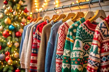Obraz premium A festive display of colorful sweaters hangs on a rack, with a decorated Christmas tree in the background, creating a warm holiday atmosphere.