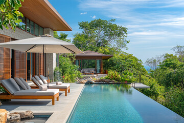 Fototapeta premium A beautiful poolside with a view of the ocean. The pool is surrounded by lounge chairs and umbrellas
