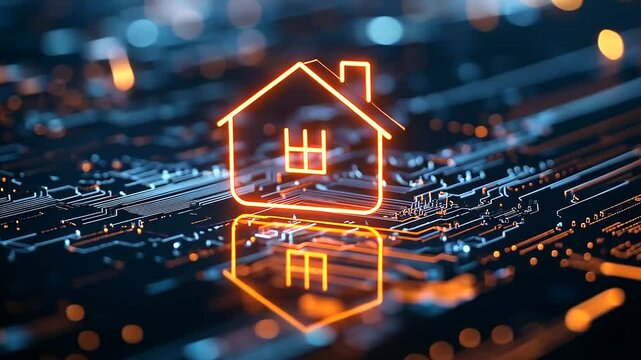 A neon orange smart home icon shines brightly, casting light over a dark, sparkling background, with shimmering particles highlighting the futuristic aspects of home automation tec