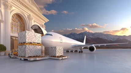 Fototapeta premium A cargo plane is unloading large crates outside a grand building, surrounded by mountains and a scenic sky.