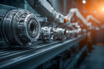 Fototapeta premium Side View of Automated Mechanical Arms Assembling Components in a Modern Industrial Environment with Focus on Precision and Technology