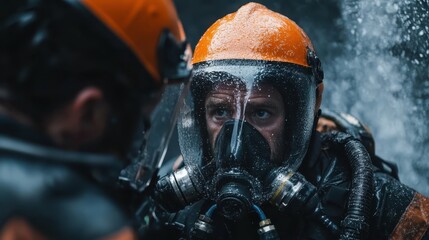 A firefighter, drenched by rain in full protective gear, stands dauntingly during a rescue operation, exemplifying the relentless nature of emergency services.