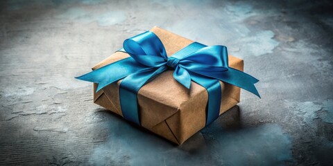 A simple, brown gift box wrapped with a vibrant blue satin ribbon, the perfect touch of elegance for any occasion.