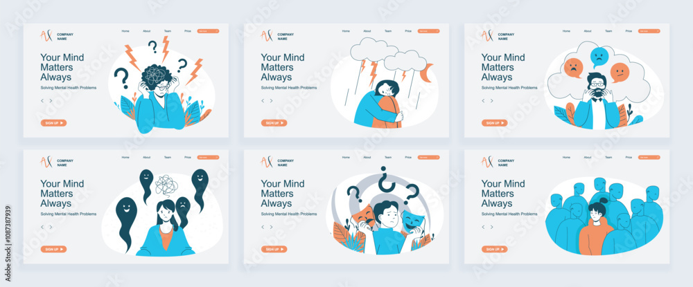 Fototapete mental health problem concept of landing page with slide templates set in flat design. website heade