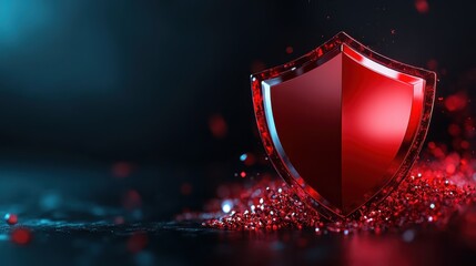 A glowing red shield stands prominently amid shimmering red particles, symbolizing protection and security with a futuristic, digital aesthetic.