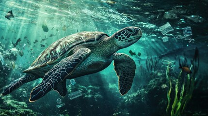 Fototapeta premium A heartbreaking scene of plastic debris floating in the ocean, with a sea turtle nearby