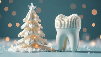 A figurine of a smiling knitted tooth with eyes. Christmas and New Year. atmospheric. New Year's Eve at the dental clinic. A festive medical concept.
