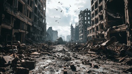Apocalypse Now: A Cinematic View of an Alien-Invaded City in Ruins, Ultra-Detailed Image with Cinematic Light