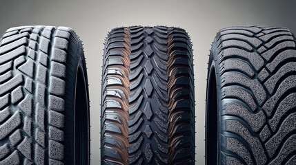 Close-up view of three different car tires with distinct tread patterns showcasing winter, mud, and all-weather designs, emphasizing grip and performance in various conditions.