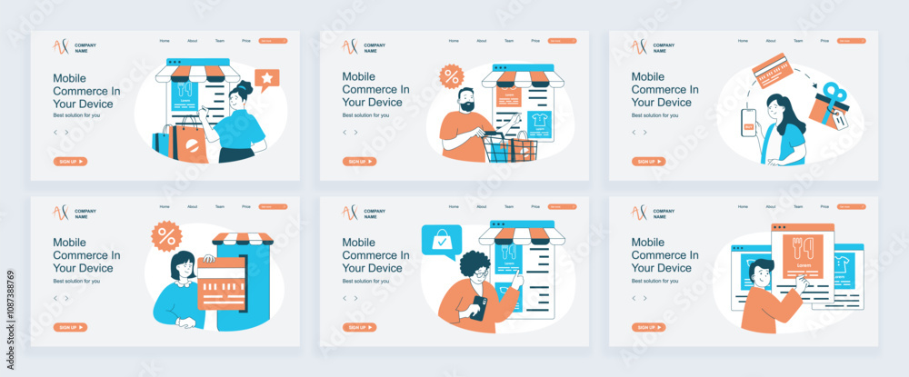 Poster Mobile commerce concept of landing page with slide templates set in flat design. Website headers with people making purchases using app, paying online orders with credit cards. Vector illustrations.