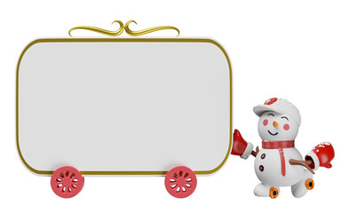 3d snowman in hat and warm mittens roller skating pushing billboards isolated. merry christmas, festive new year concept, 3d render illustration