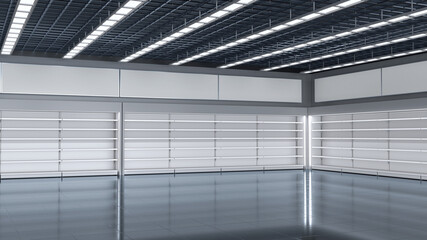 Supermarket interior mockup with empty shelves and toppers, design template for mockup. 3d illustration