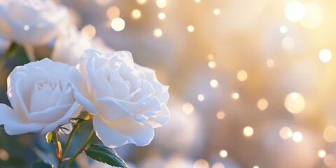 Beautiful White Roses with Gentle Bokeh Background for a Romantic and Elegant Mood in Soft Light, Perfect for Floral and Wedding Themes