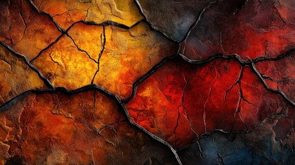 Abstract cracked surface with fiery colors of red, orange, and yellow.