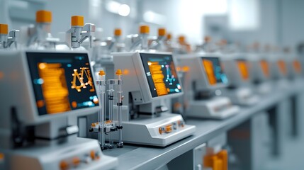 Fototapeta premium Rows of sleek metallic automated biotech equipment performing high throughput DNA sequencing analysis with glowing readouts advanced scientific apparatus