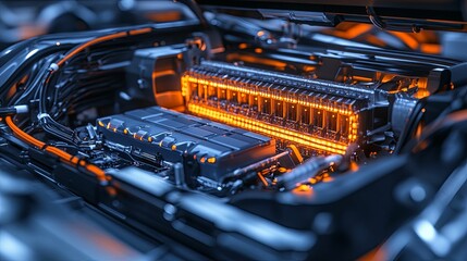Illuminated Electric Vehicle Battery System Close Up