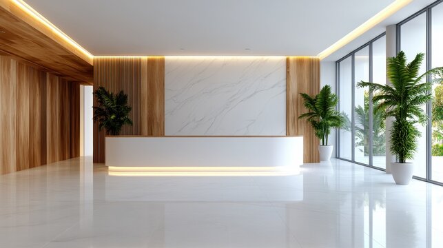 An elegant reception area showcasing a sleek marble wall with modern wooden accents, exuding sophistication and a tranquil, contemporary ambiance.