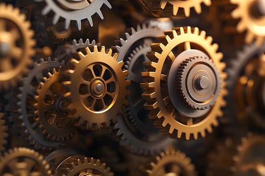 Close-up View of Interlocking Brass Gears and Levers, Showcasing Intricate Mechanism and Precision Engineering in a Stunning Industrial Design