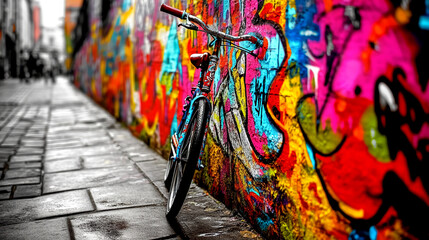 Obraz premium A bike rests against a wall covered in bright, multicolored graffiti