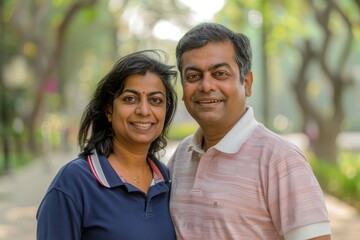 Fototapeta premium Portrait of a cheerful indian couple in their 30s wearing a breathable golf polo in vibrant city park