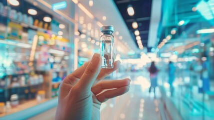Healthcare professional holding vaccine vial in modern clinic, symbolizing public health efforts and vaccine coverage.