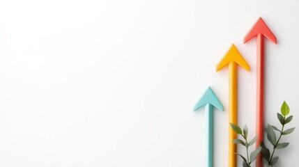 Colorful arrows arranged vertically with green foliage peeking alongside against a white backdrop, these arrangements symbolize progress, innovation, and natural harmony.