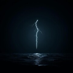 Forked lightning bolt over dark ocean, bright electric flash lighting waves, 3D illustration