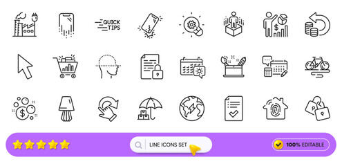Bike, Seo shopping and Rotation gesture line icons for web app. Pack of Cash back, Fingerprint access, Seo statistics pictogram icons. Augmented reality, Lock, Innovation signs. Search bar. Vector