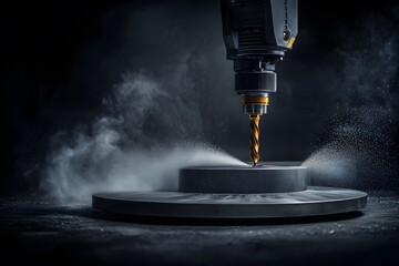 Heavy Metal Drill Press Operating on Thick Steel with Dramatic Lighting and Smoke Effects, Showcasing Precision Metalworking Techniques in a Workshop Setting